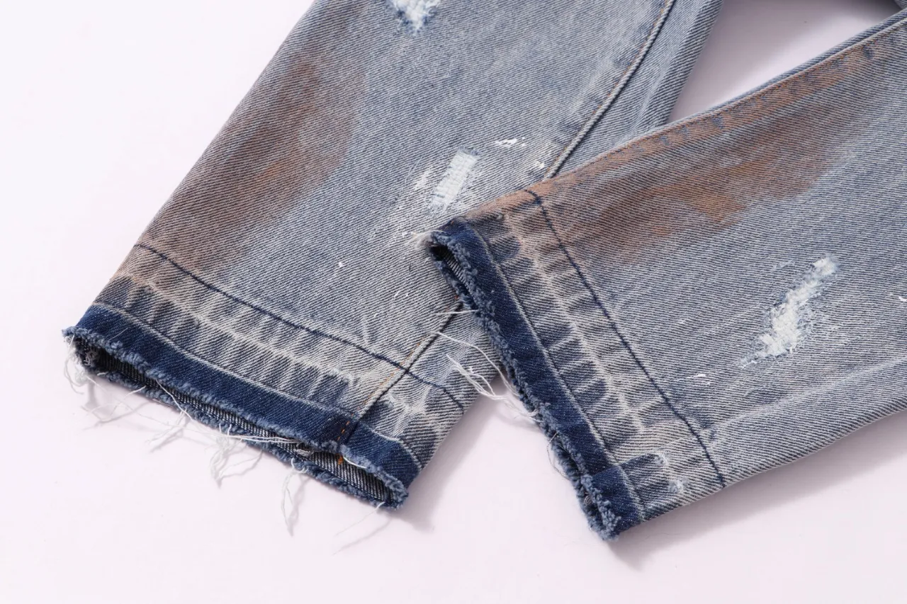 672#Gallery Dept New style distressed vintage dirty wind splashed paint holes pierced washed small straight legged jeans American high street casual trousers washed blue S～XL P250